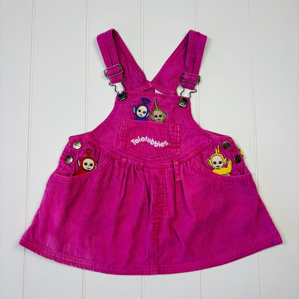 Vintage Teletubbies Embroidered Hot Pink Corduroy Overall Dress, Size 3T - Picture 2 of 15